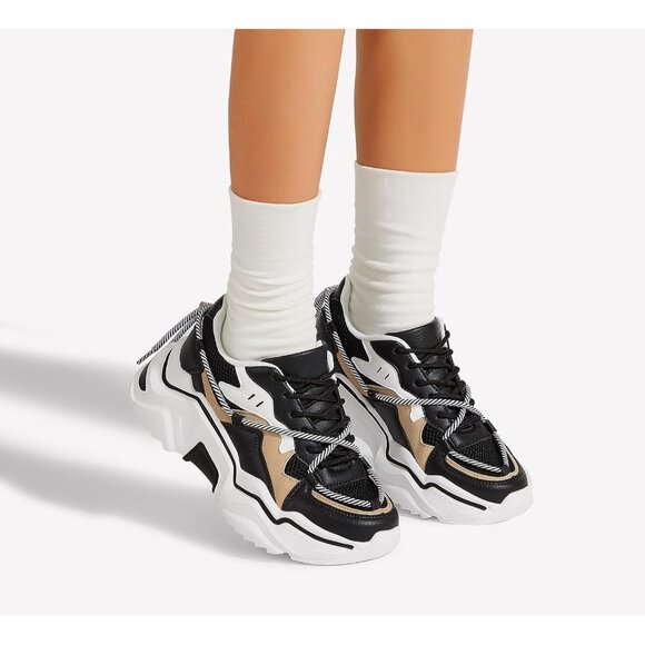 Brand New Women Black/White Polyurethane Chunky Dad Platform Fashion Sneakers - Picture 6 of 9